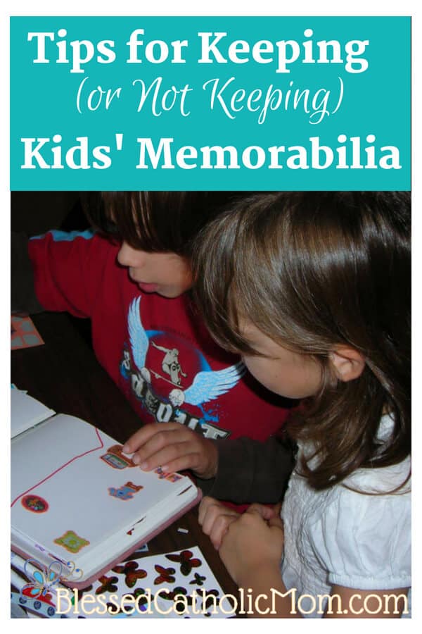 Tips for Keeping (or not Keeping) kids' memorabilia. Image of two children making a scrapbook page.