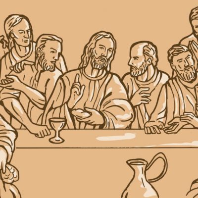 Image of a drawing of Jesus at the Last Supper with some of His Apostles.