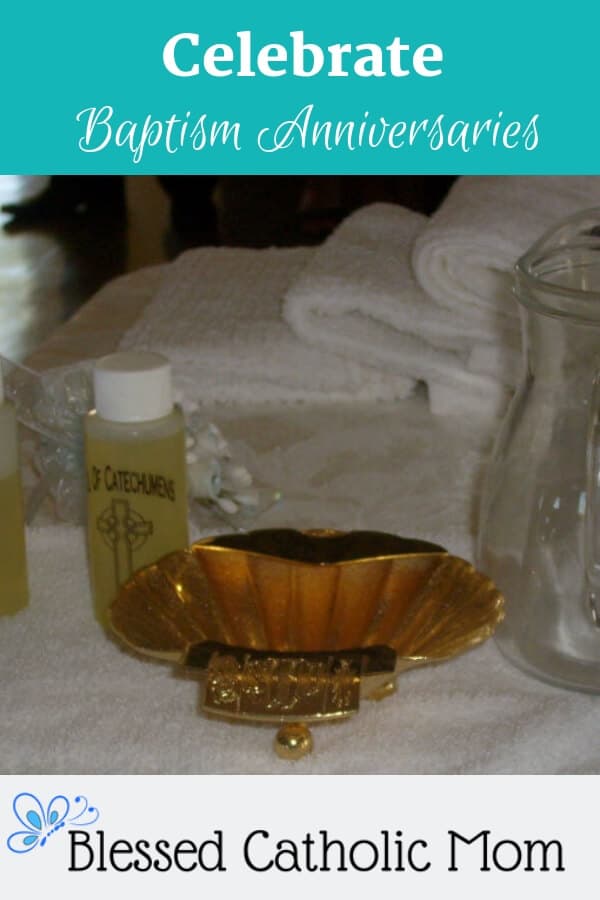 Just as we celebrate our birthdays, it is nice to celebrate the day we became a member of the family of God through our baptism. Image of Chrism oil, a gold shell, a water pitcher, and white towels on a table. #Baptismanniversary #Baptism #Baptismbirthday