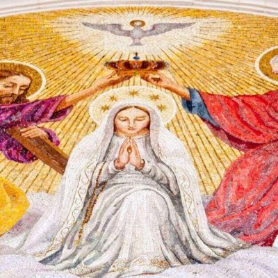 Do you think of Mary's fiat and wonder if you have the courage to say "May it be done to me as you say" to God? Me, too. Here are some ideas to help you do so. Image of a mosaic of the Blessed Virgin Mary being crowned by the Blessed trinity.