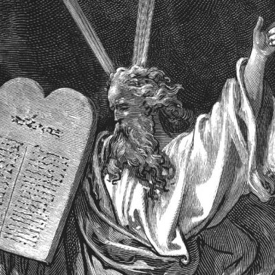 Image of a drawing of Moses holding the stone tablet containing the Ten Commandments.