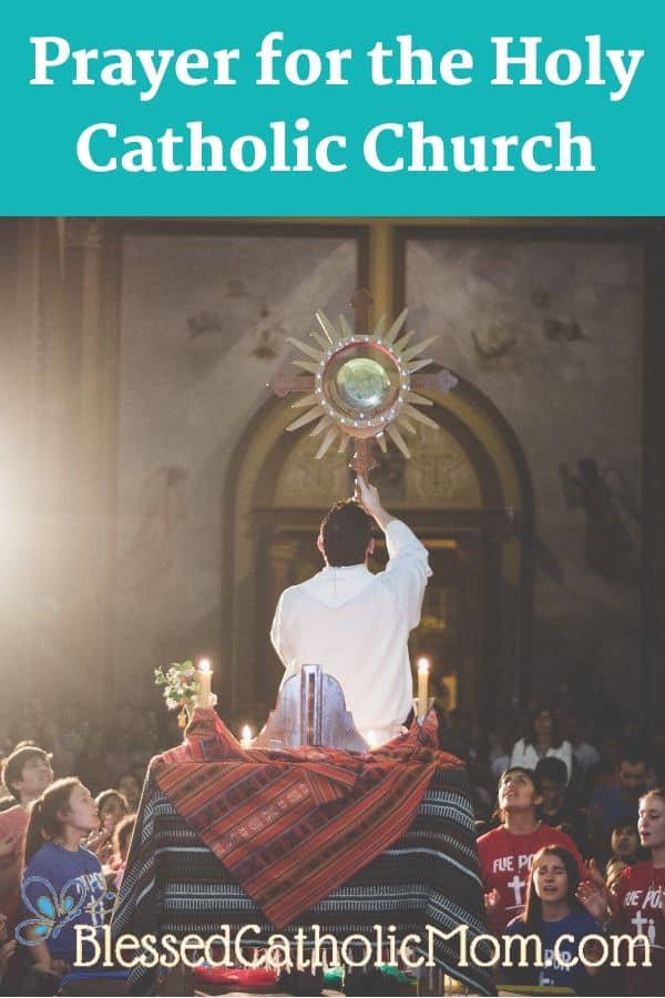 Image of a priest holding a monstrance high while people crowd around him in adoration of the Blessed Sacrament.