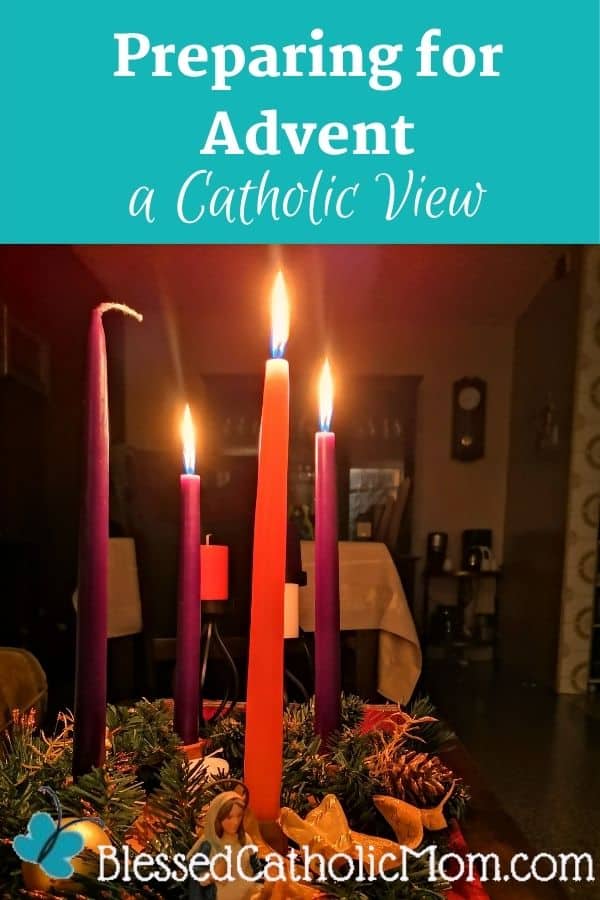 Image of an Advent wreath with three candles lit. Words above the image read: Preparing for Advent a Catholic view
