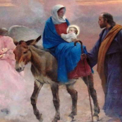 Image of the Holy family surrounded by angels traveling to Egypt.