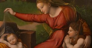 Image of a painting of the Blessed Virgin Mary showing St. John the Baptist Christ who is sleeping.