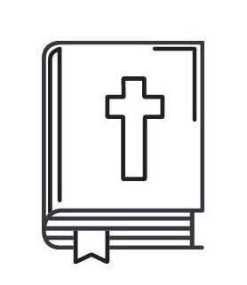 Image of a line drawing of a closed Bible with a bookmaek in it and a cross drawn on the cover of the Bible.