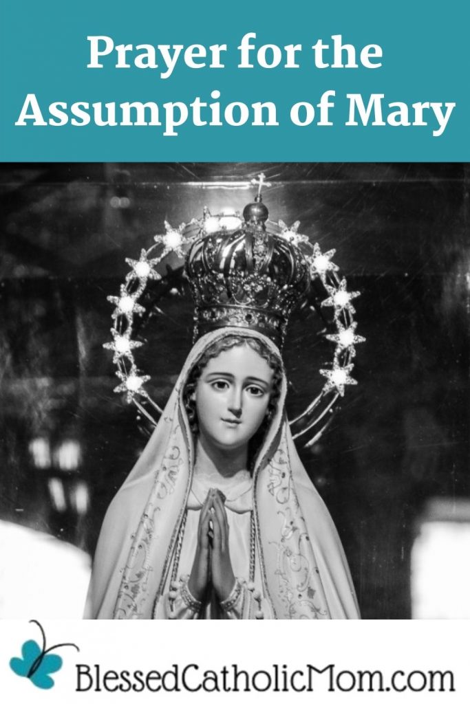 Image of a black and white photograph of a statue of Mary the Mother of God, her hands clasped in prayer, crowned as Queen of Heaven and earth with a ring of stars around her head. Above the image in whhite letters on a blue background are the words Prayer for the Assumption of Mary. Below the image is the logo for Blessed Catholic Mom dot com.