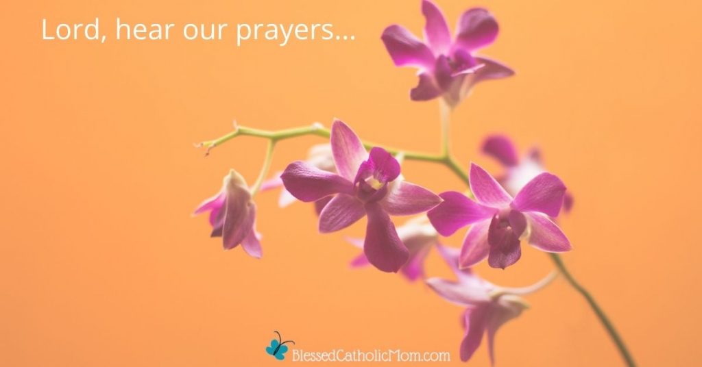 Image of an orange background with a sprig of purple flowers. Words at the top of the image read: Lord, hear out prayers... Logo at the bottom is for Blessed Catholic Mom dot com.
