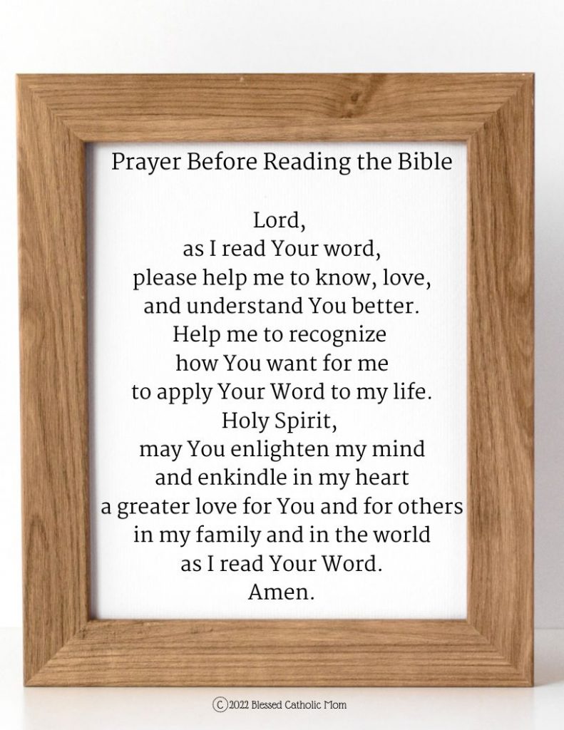 Image of a beautiful framed jpg copy of Prayer Before Reading the Bible from Blessed Catholic Mom.