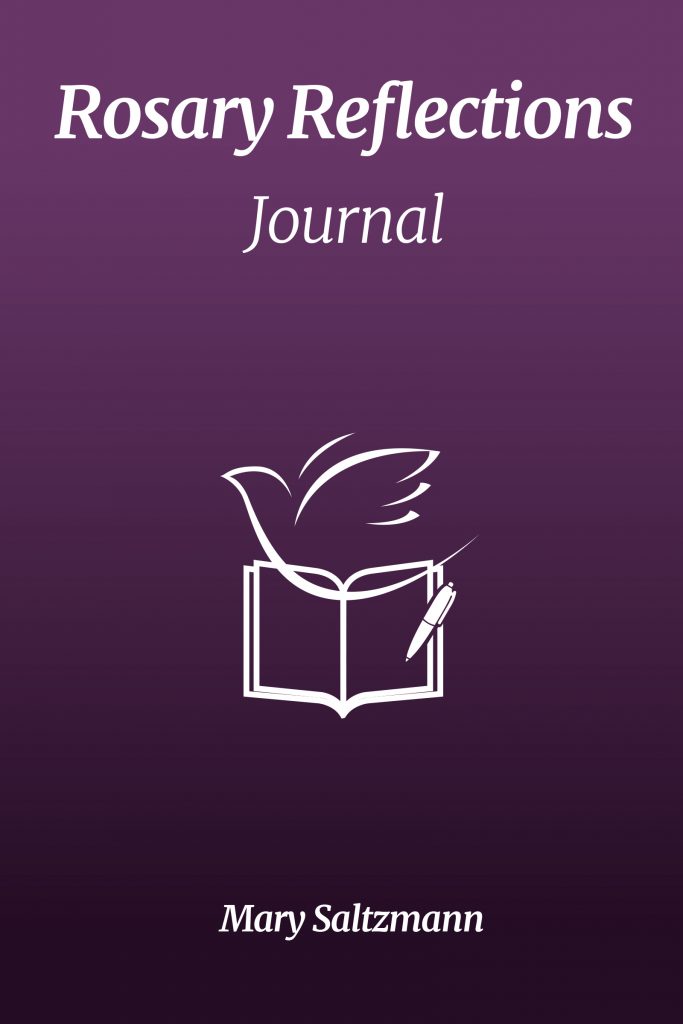 Image of the cover of the Rosary Reflections Journal by Mary Saltzmann. Image on the purple cover is of an open book wiht a pen partly on it and a dove at the top of the book. 