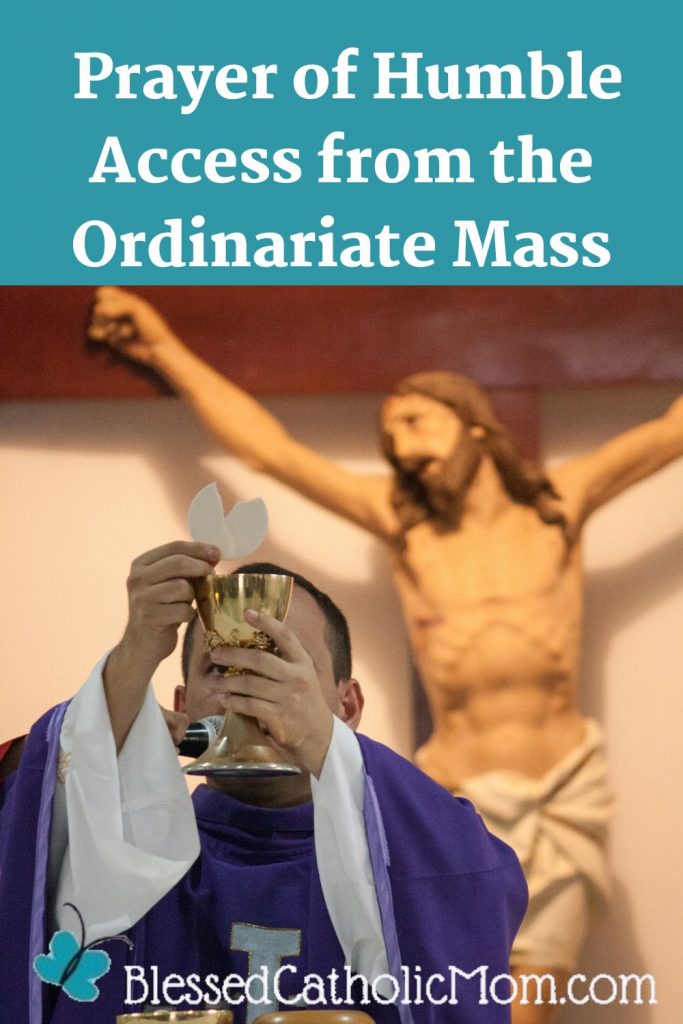 Words In the Anglican Catholic form of the Mass, the Prayer of Humble Access are above a photo of a priest holding up the Eucharist after consecration. Jesus crucified is behind him. The logo for Blessed Catholic Mom is below.