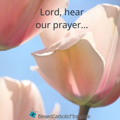 Image of pink flowers with the blue sky behind them. Text on the image reads Lord, hear our prayer... Logo for Blessed Catholic Mom is at the bottom of the image.