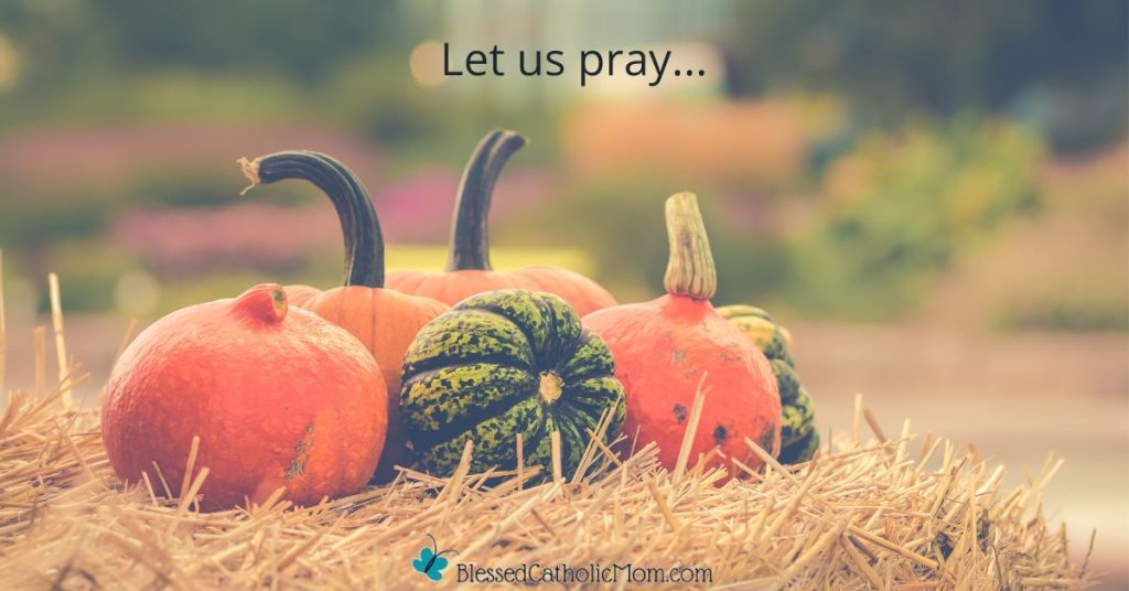 Image of green and orange pumpkins in hay on the ground. Words at the top of the image read Let us pray...and the logo for Blessed Catholic Mom is at the bottom.