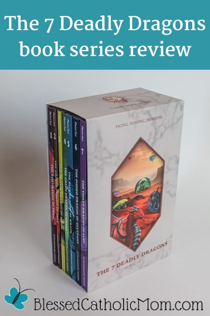 Image of a box set of dragon books with the title The 7 Deadly Dragons series Book Review and the logo for Blessed Catholic Mom.