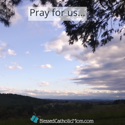 Image of a tree with hills and skyline in the background. Words at the top of the image read Pray for us... Logo for Blessed Catholic Mom at the bottom of the image.