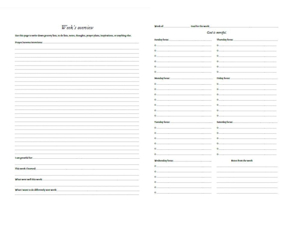Image of the weekly layout of the undated Blessed Catholic Weekly Planner.