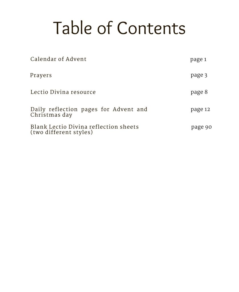 Image the table of contents of the Blessed Advent Companion for 2025 from Blessed Catholic Mom. 