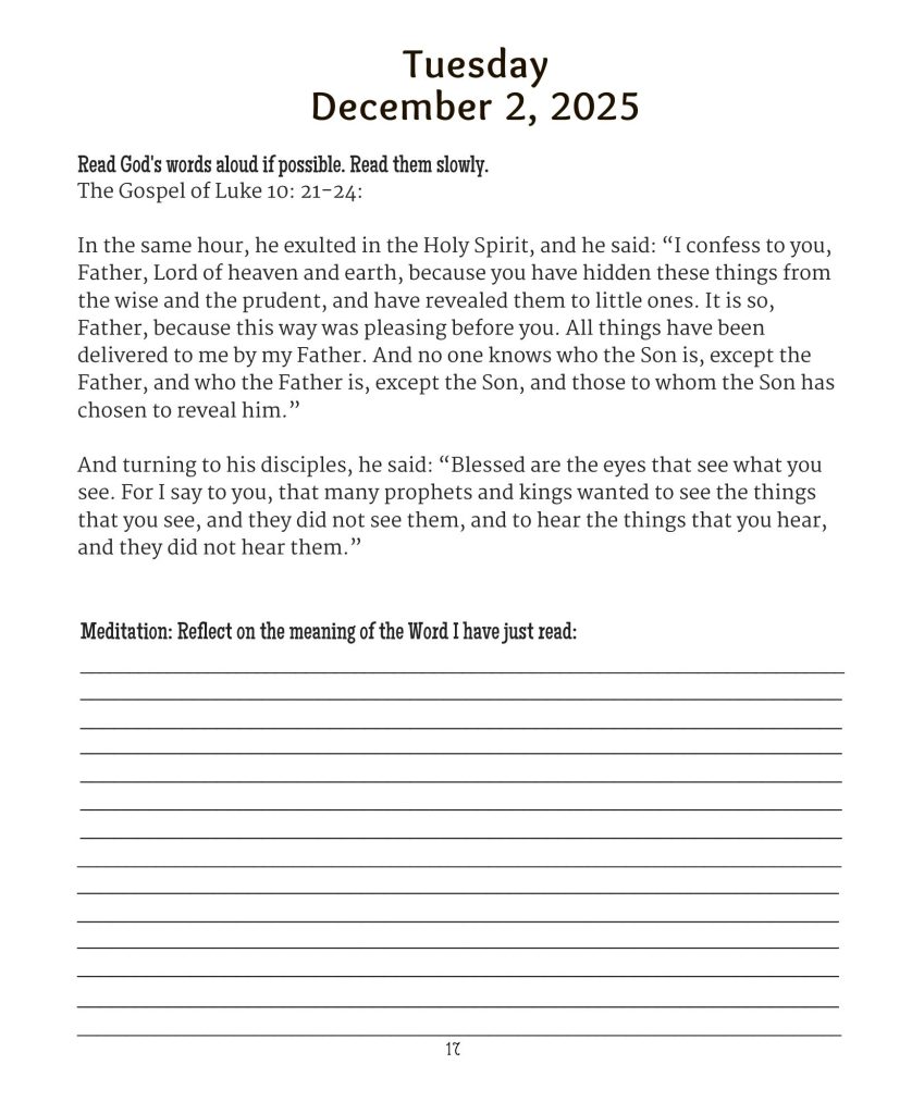 Image of on of the daily Lectio Divina reflection pages for the Blessed Advent Companion for 2025 from Blessed Catholic Mom.